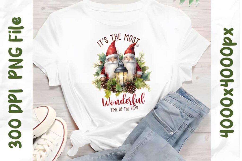 Christmas t-shirt design ideas for POD sellers featuring two gnomes with red hats holding a lantern surrounded by pine