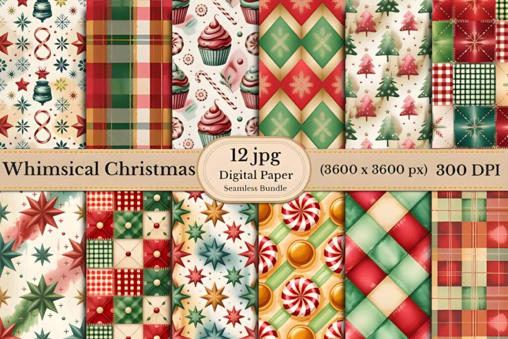 Christmas digital scrapbook paper with whimsical patterns including retro plaid, peppermint candy, cupcakes, and Christmas