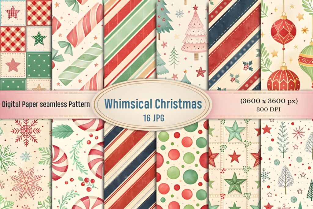 Christmas digital scrapbook paper with whimsical patterns including stripes, stars, snowflakes, and ornaments in red, green