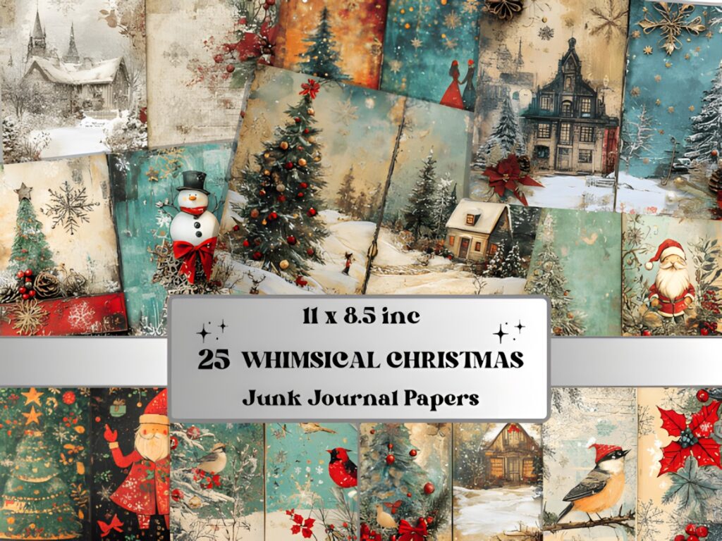 Christmas digital scrapbook paper featuring whimsical vintage holiday scenes with snowmen, Santa, birds, and decorated trees