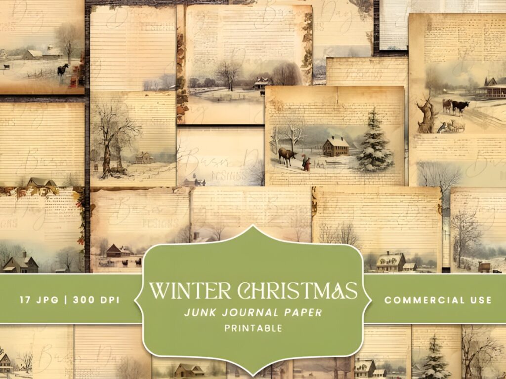 Christmas digital scrapbook paper with vintage winter scenes and distressed backgrounds for junk journals
