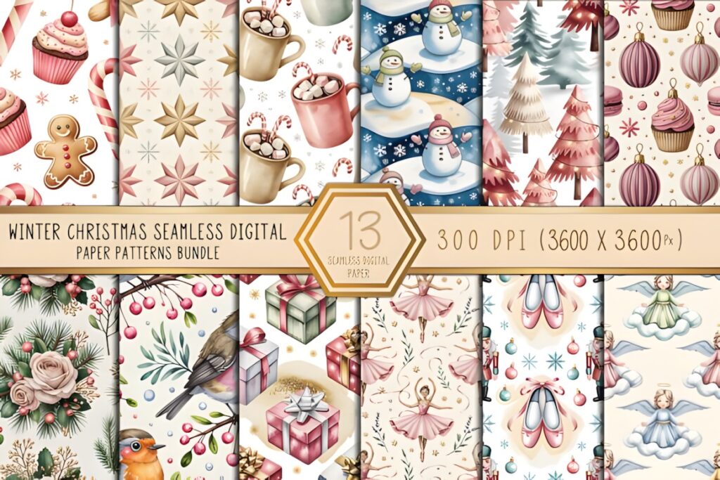 Christmas digital scrapbook paper featuring nutcracker, snowman, hot cocoa, and holiday motifs in seamless patterns