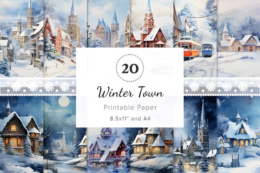 Christmas digital scrapbook paper featuring snowy winter town scenes during day and night for card making